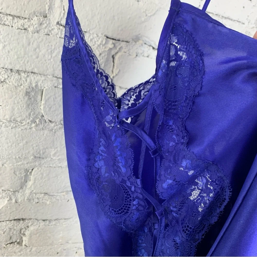 Shirley Hollywood Blue Lace Up Side Slip Nightie Vintage Small - Picture 14 of 15